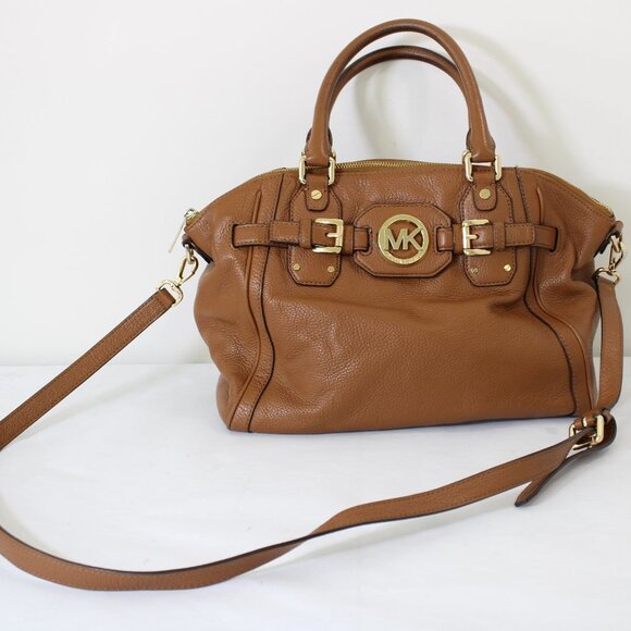 Michael Kors Hudson Large Satchel Camel Brown Dark Tan Leather‎ Bag Gold Accents - Picture 1 of 14